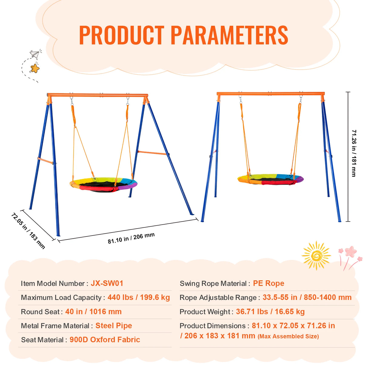 Children's swing set with product parameters