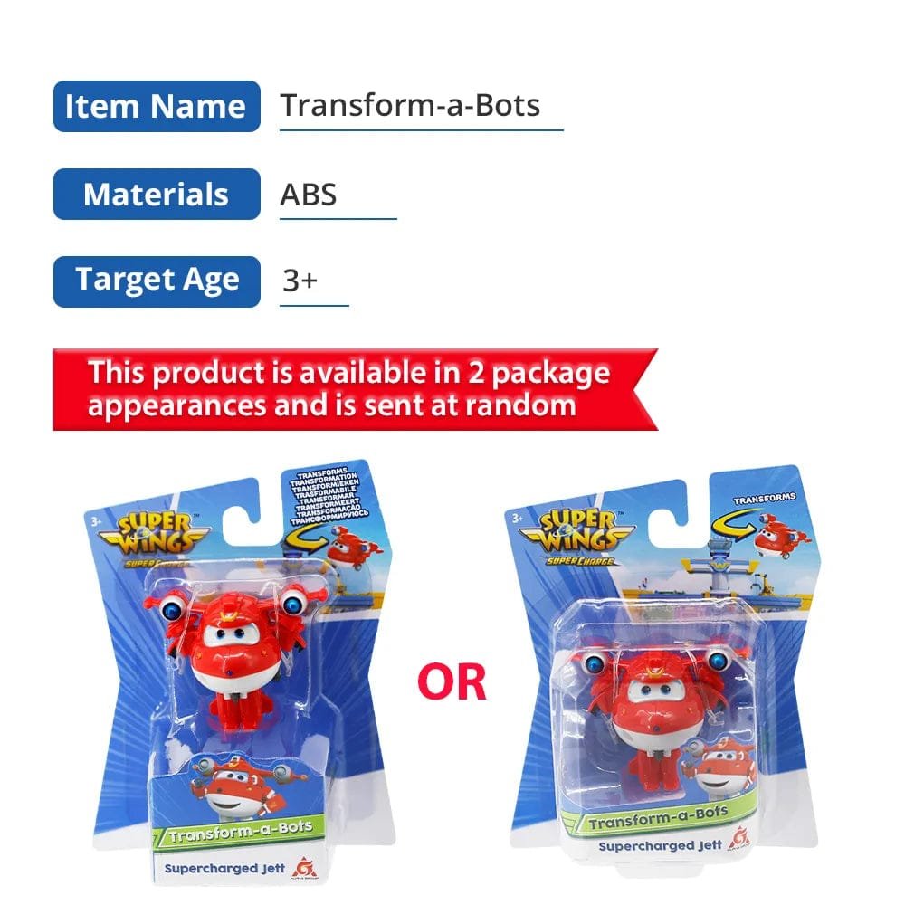 Toy packaging with Super Wings branding and text about product availability.