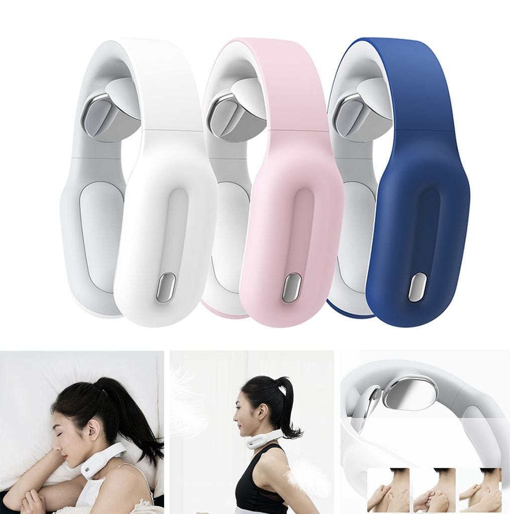 Three neck massagers in white, pink, and blue with a woman using one of them.