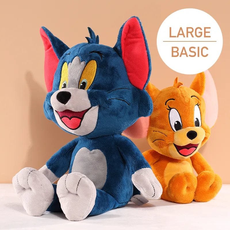 Two plush toys, one blue and one orange, resembling cartoon characters