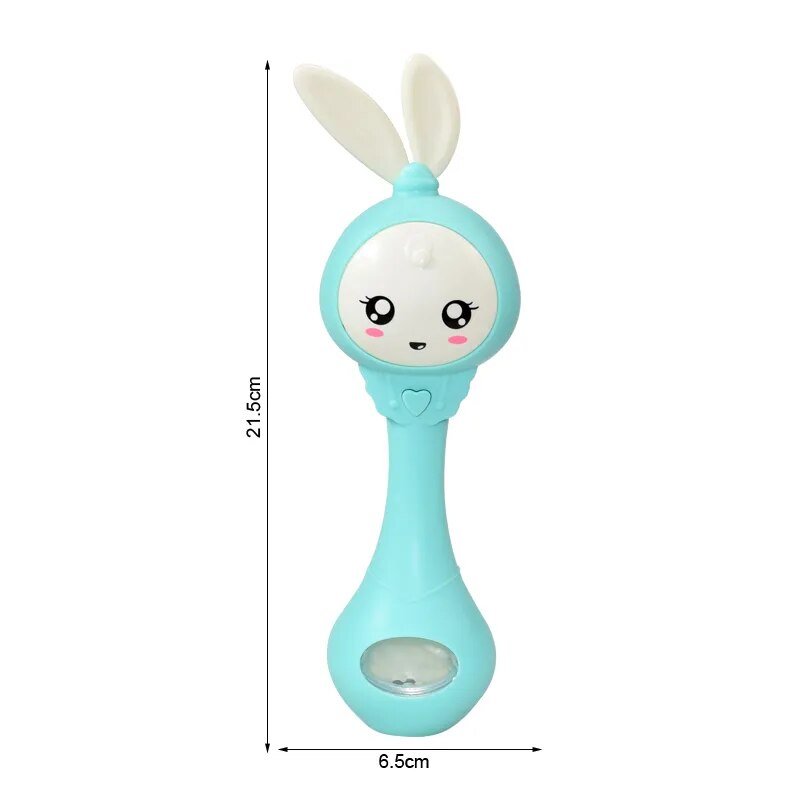 Toy with a bunny design and measurements on a white background