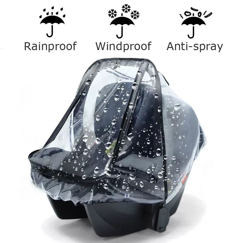 Baby car seat with rain cover labeled as rainproof, windproof, and anti-spray.