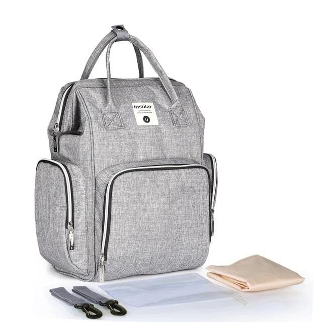 Gray backpack with accessories