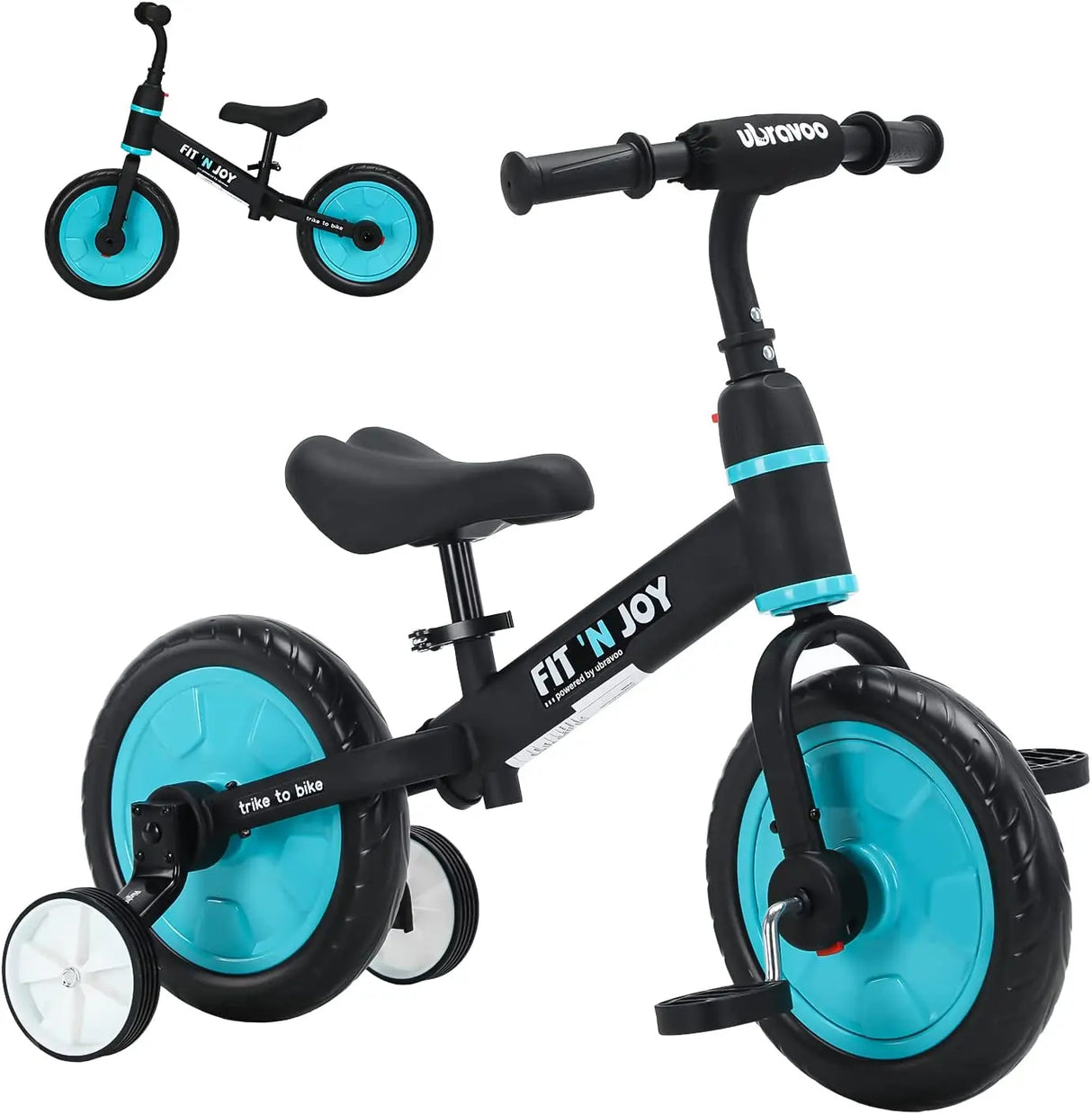 Children's balance bike with turquoise wheels and a black frame.