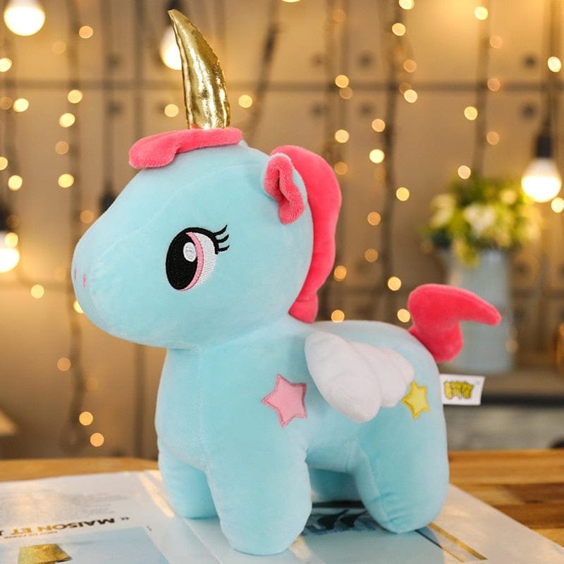 Blue Plush unicorn toy.