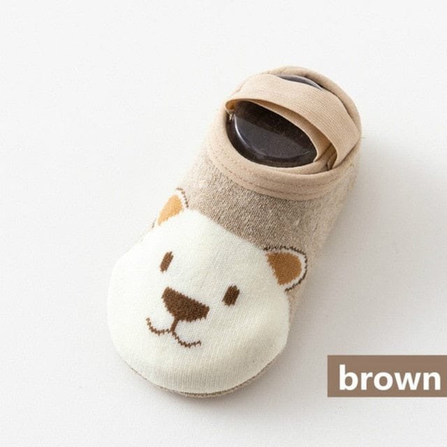 Brown baby bootie with bear face design