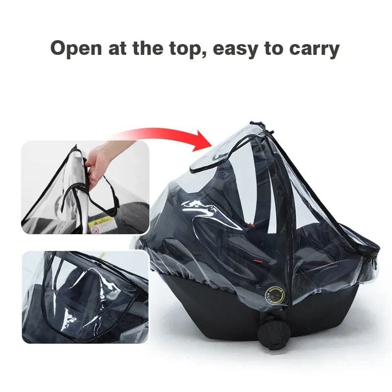 Black baby car seat with clear cover, open at the top, easy to carry.