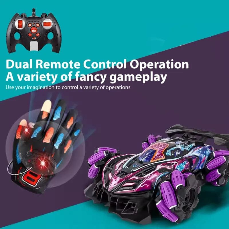 Remote control vehicle with gloves and controller on a colorful background