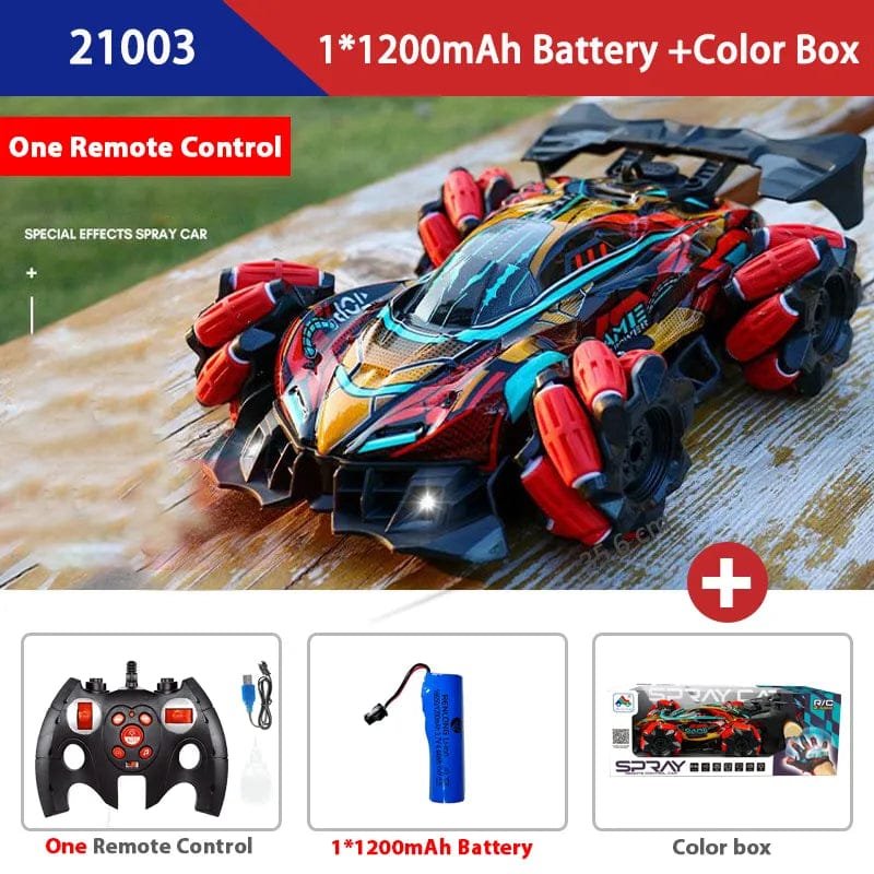 Colorful remote control car with accessories.