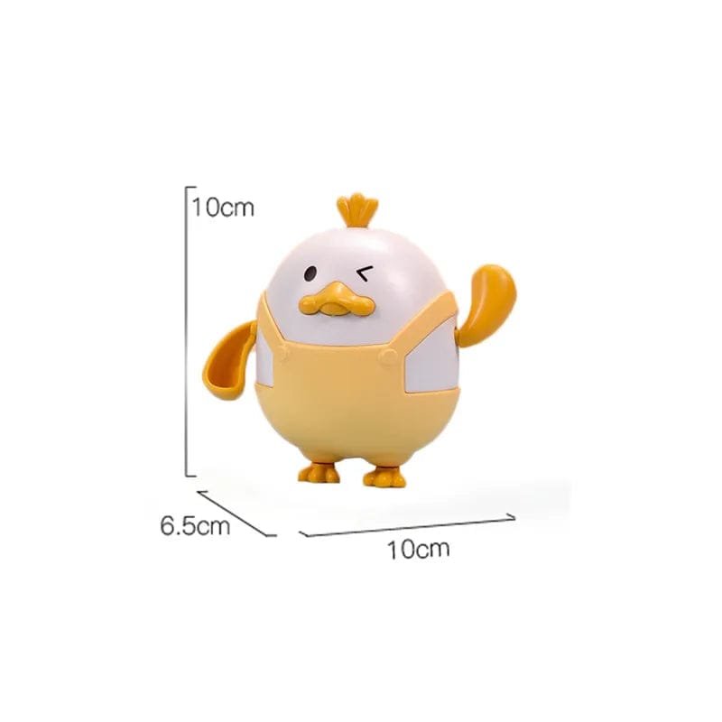 Cartoon chicken figurine with measurements.