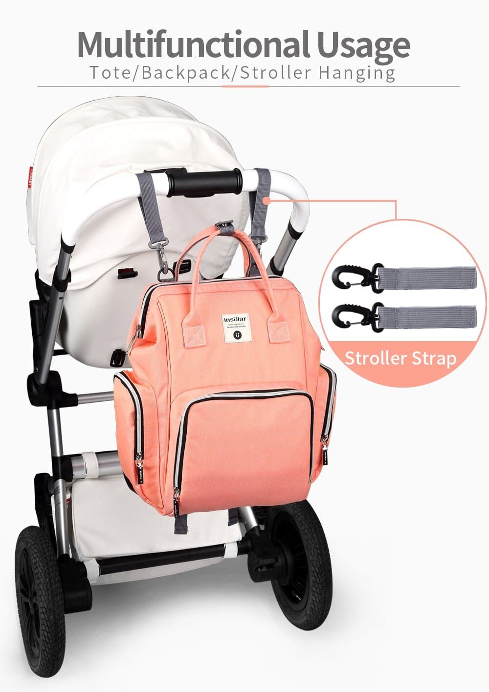 Pink backpack with stroller strap attachment.