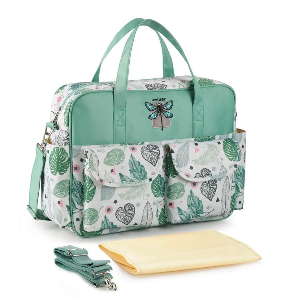 Green and white patterned bag with butterfly design
