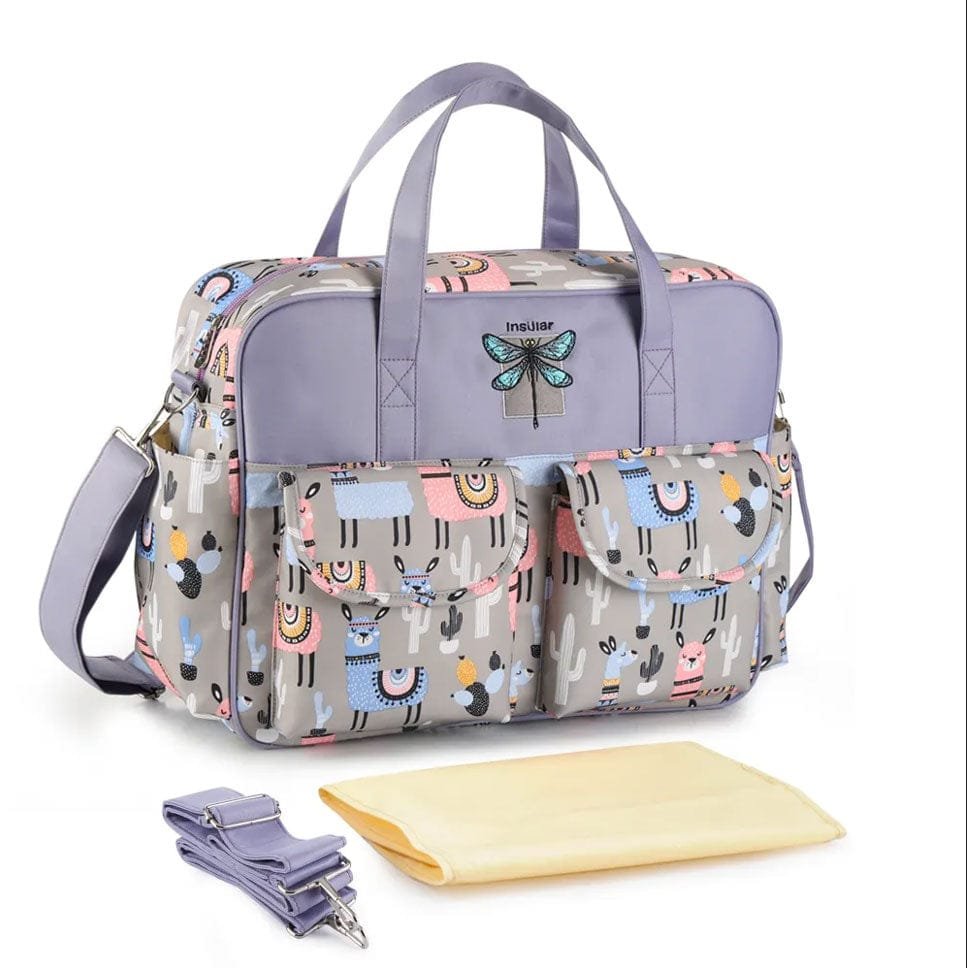 Diaper bag with elephant pattern and accessories