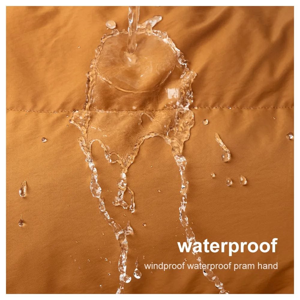 Waterproof material with water droplets and text on a brown background