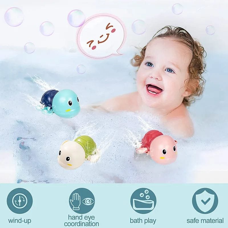 Child playing in a bathtub with colorful bath toys, surrounded by bubbles.