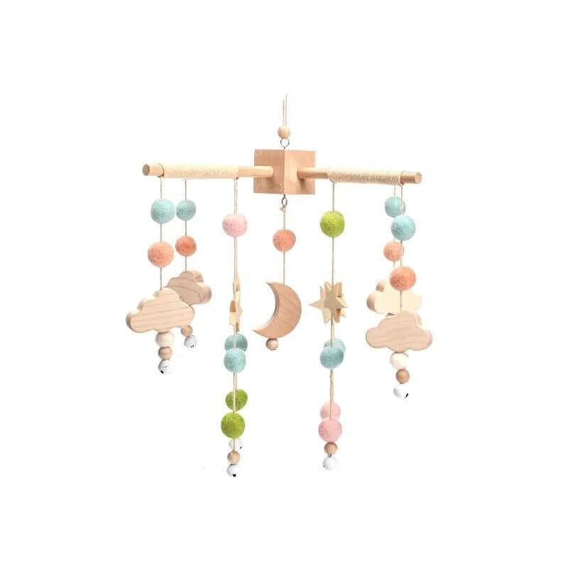 Wooden baby mobile with colorful beads and shapes.