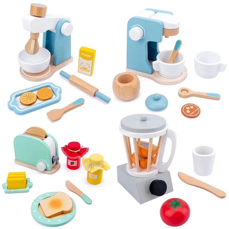 Collection of toy kitchen appliances and utensils