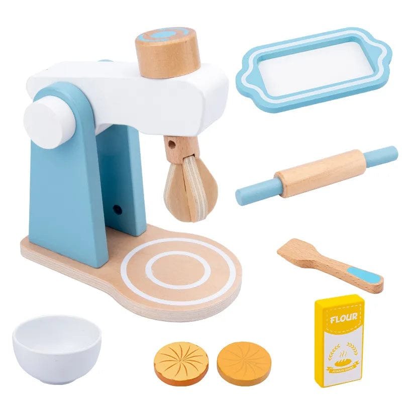 Wooden play kitchen set with rolling pin, spatula, and other utensils