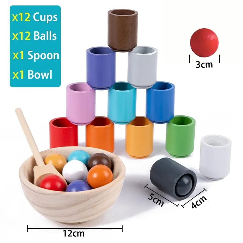 Colorful wooden cups, balls, a spoon, and a bowl with measurements.