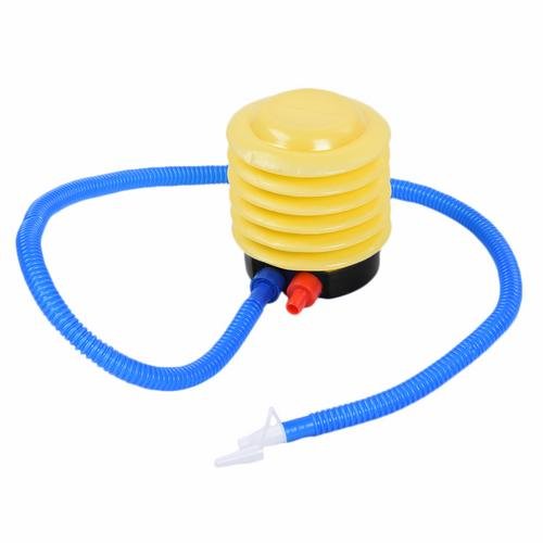 Yellow inflatable pump with blue hose on a white background