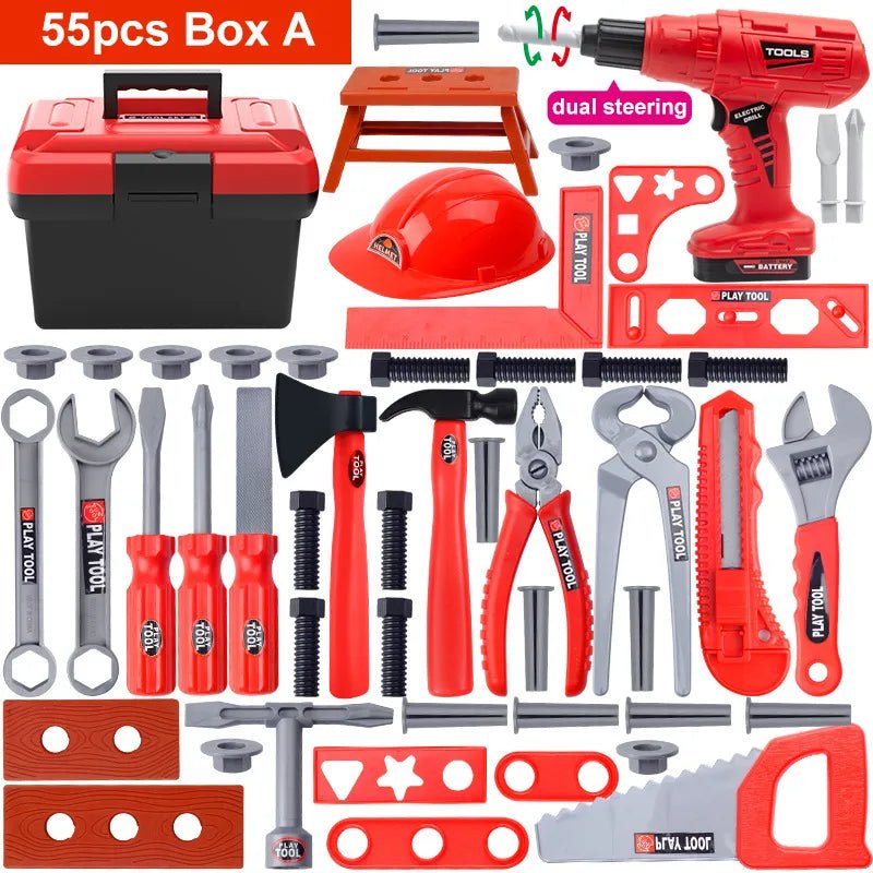 Set of toy tools and equipment including a toolbox, drill, and various tools on a white background.