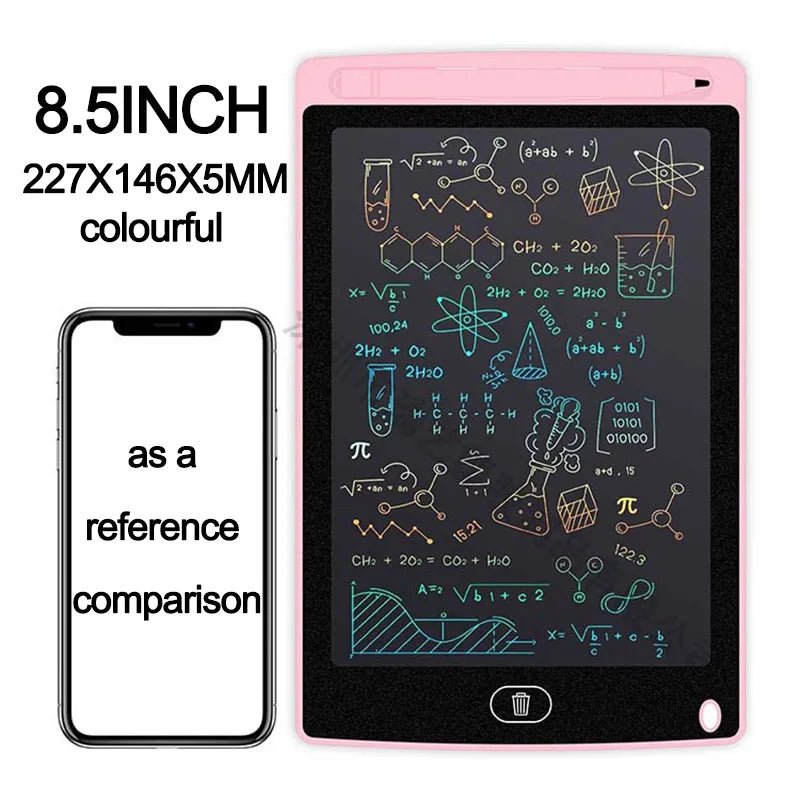 8.5-inch electronic writing pad with mathematical equations on the screen, next to a smartphone for size comparison.
