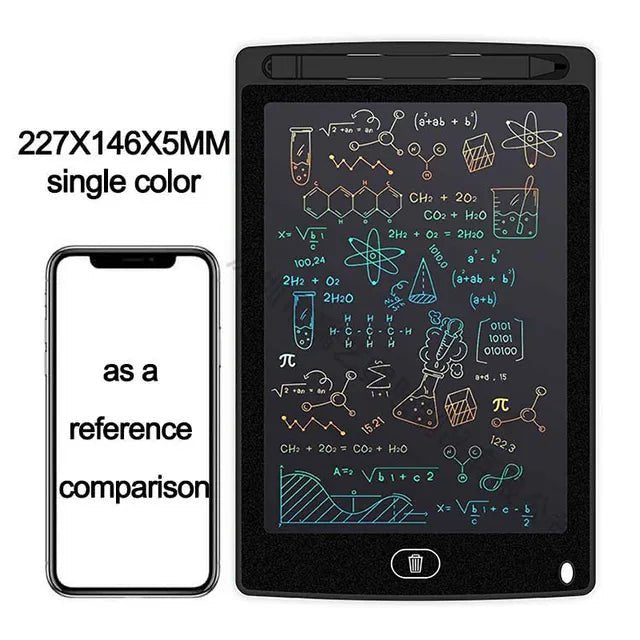 Small electronic device with a screen displaying chemical formulas, next to a smartphone for size comparison.