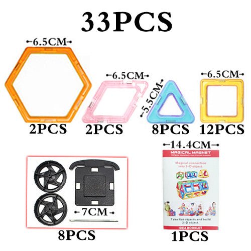 Set of magnetic building pieces with measurements and quantities on a white background