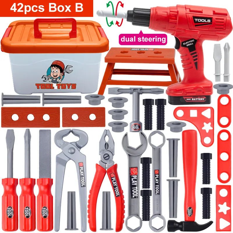 Set of toy tools and accessories with a red drill and various tools on a white background.