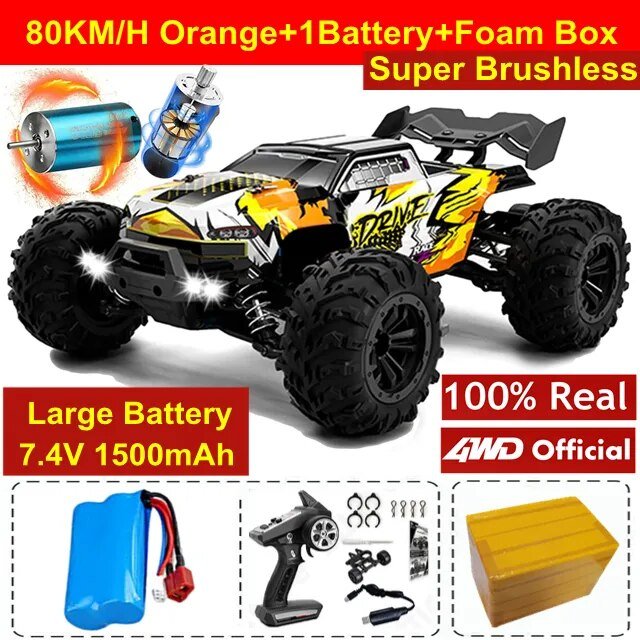 4WD RC Off-Road Drift Car - Super Brushless 50/80KM/h Toy - 80KM Orange 1Battery image