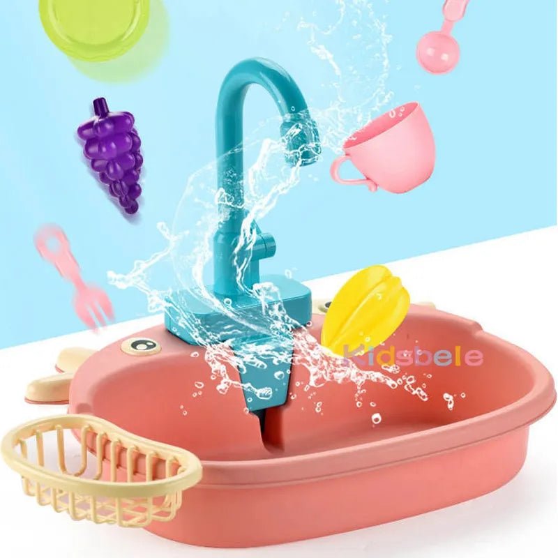 Children's toy kitchen set with sink, faucet, and various utensils on a blue background.