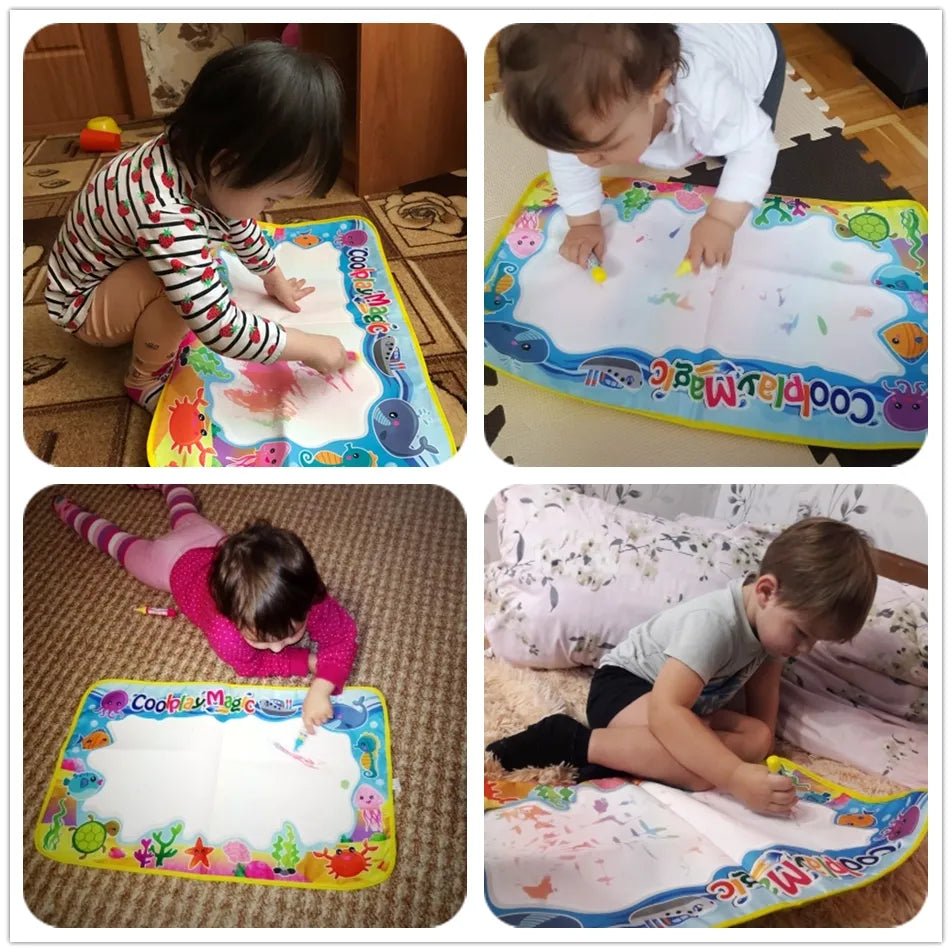 Collage of children using a colorful drawing mat with water and markers.