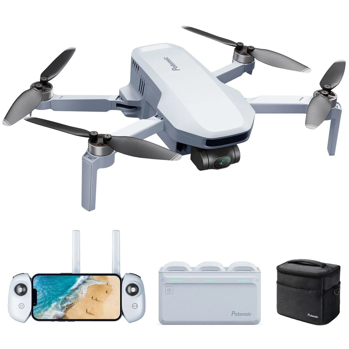 White drone with propellers, smartphone app, carrying case, and remote control on a white background