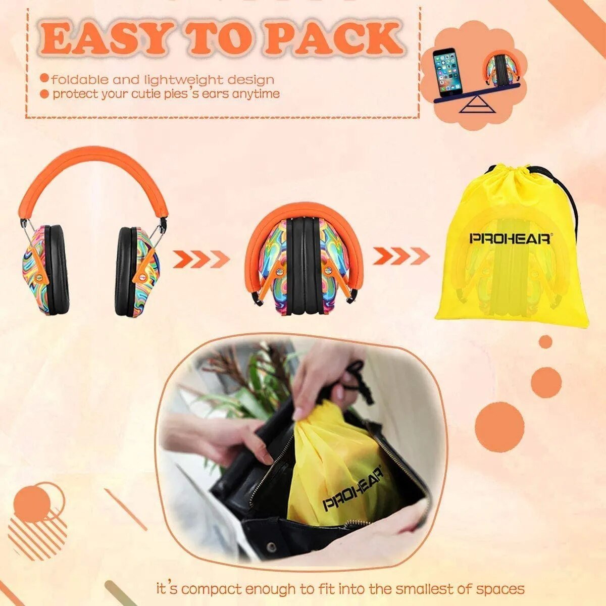 Foldable headphones with a colorful design and a yellow carrying bag.