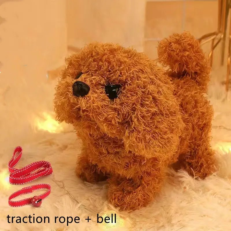 Brown plush dog toy with a pink on a soft surface.