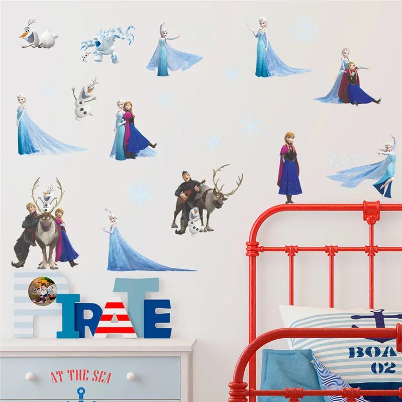 Children's room with 'Frozen' character wall decals and a red bed.