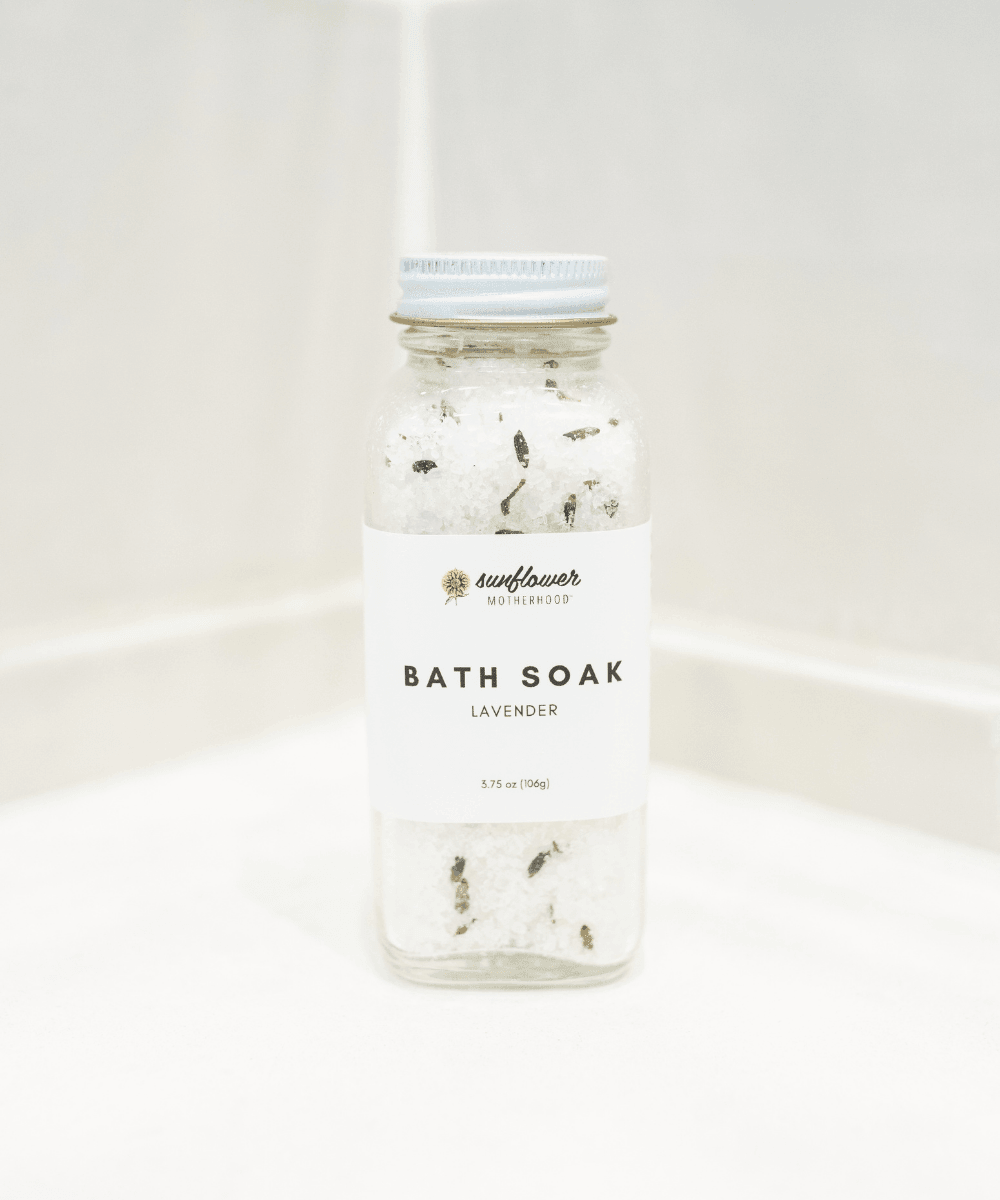 Bottle of bath soak with lavender scent
