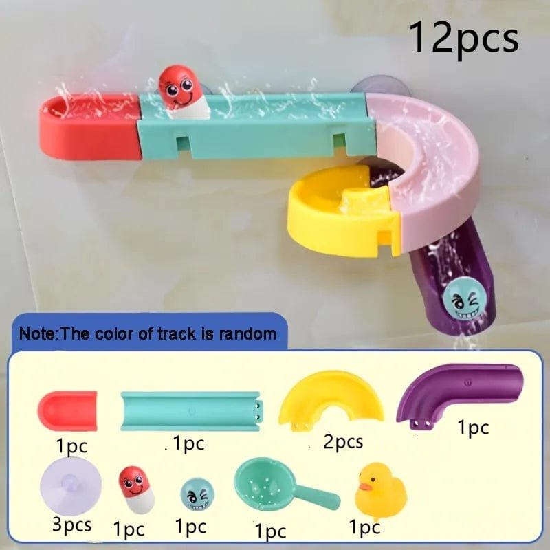 Colorful toy track set with various pieces on a white background