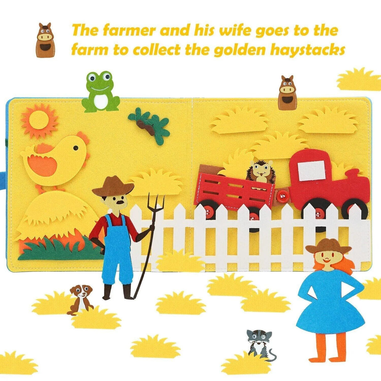 Children's book page with a farmer, wife, and farm animals on a yellow background.