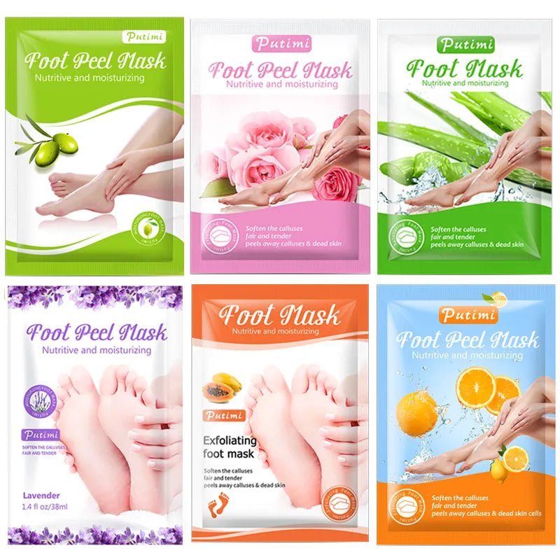 Collection of Putimi foot peel mask packages with various designs and colors.