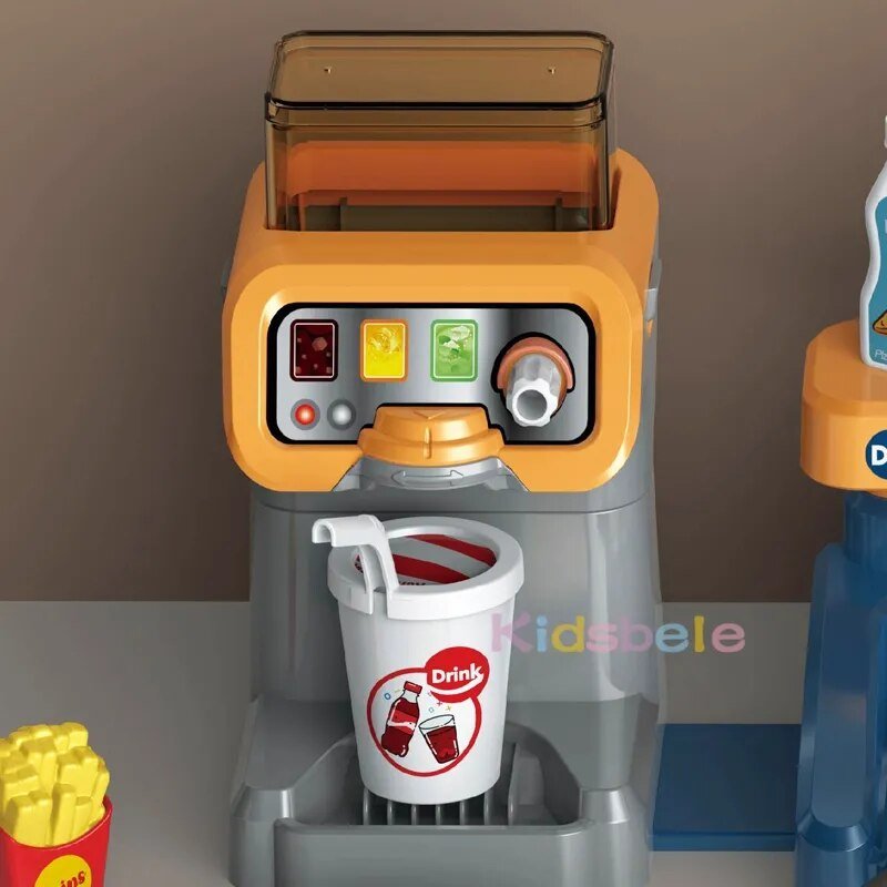 Toy ice cream machine with a cup labeled 'Drink' on a gray background