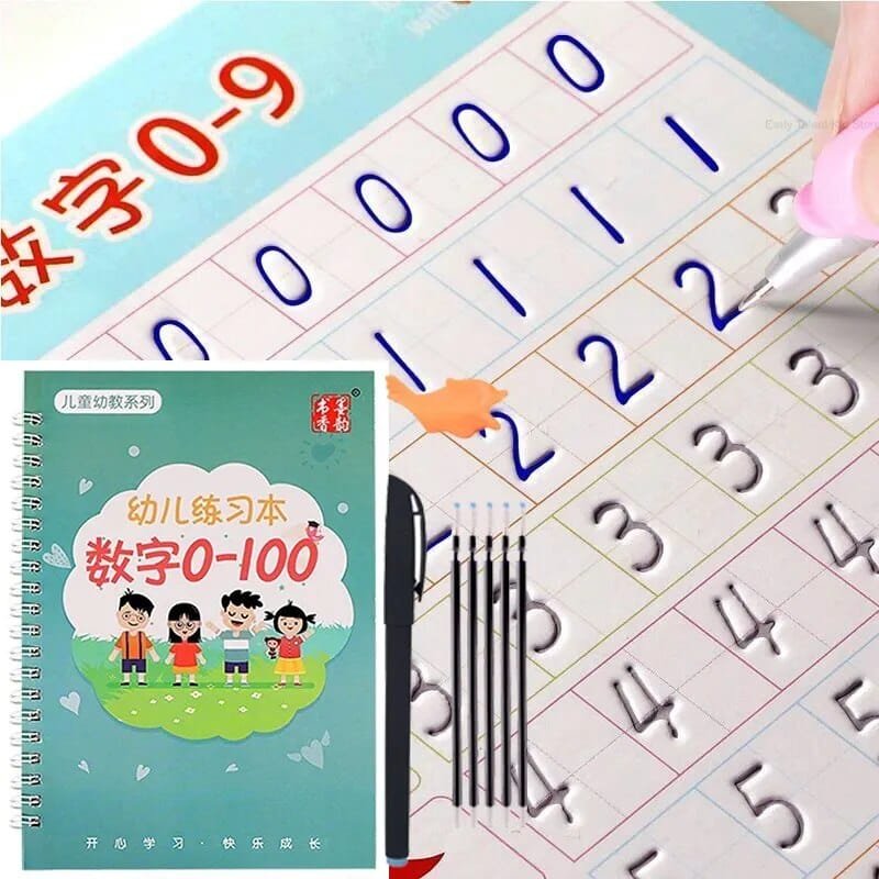 Children's practice book with numbers and writing materials on a white background