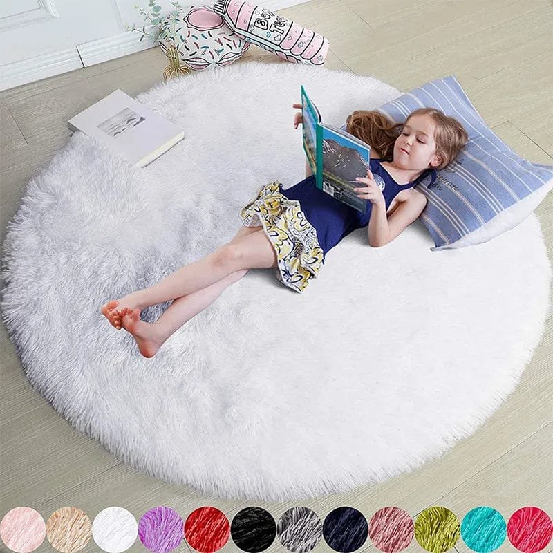 Child reading a book on a fluffy white rug with color swatches below.