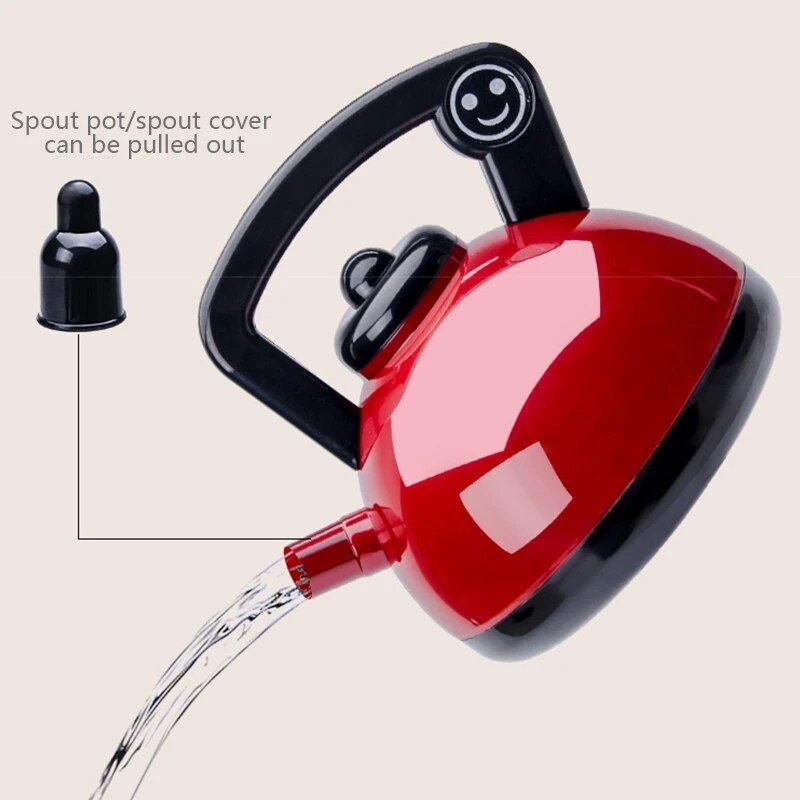 Red and black faucet with water flowing, showing spout pot/spout cover feature.