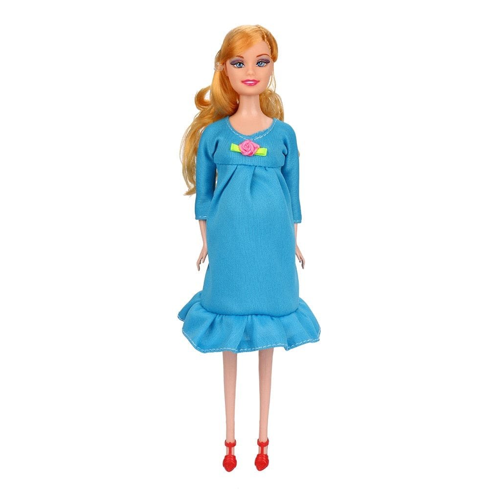 Barbie doll wearing a blue dress with a floral design on a white background