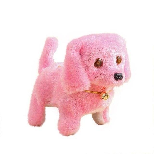 Pink plush toy dog with a bell on a white background