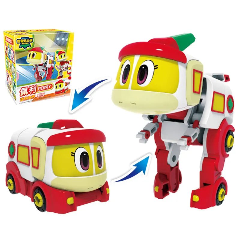 Toy robot transforming from car to robot with packaging in the background
