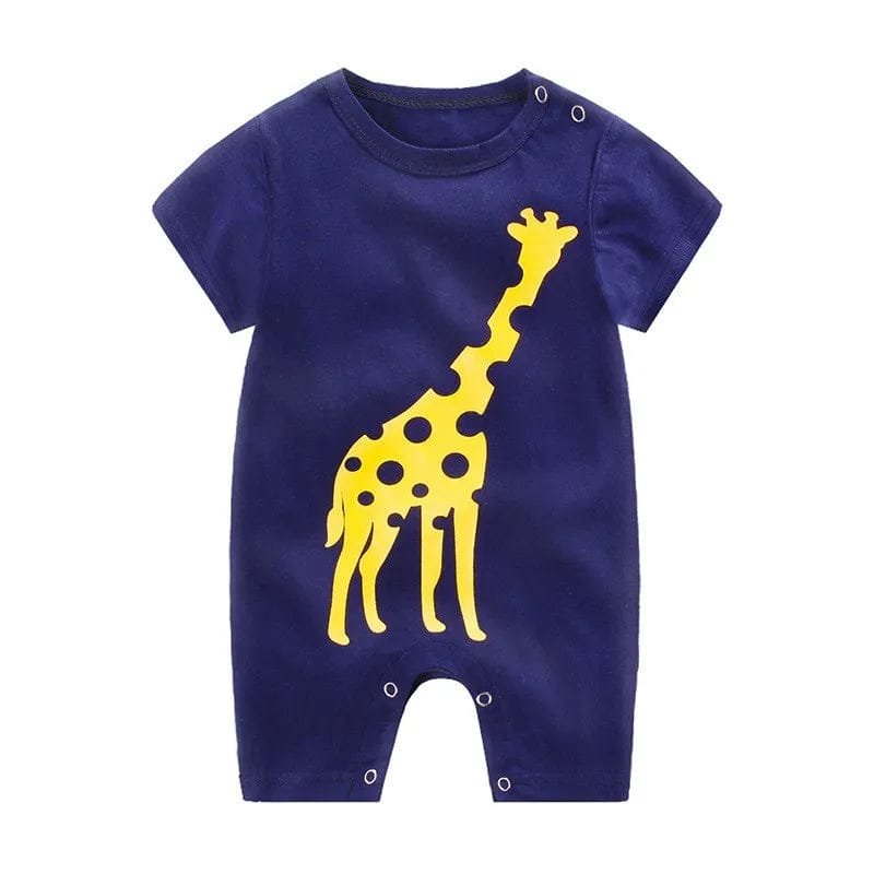 Navy blue baby romper with a yellow giraffe design