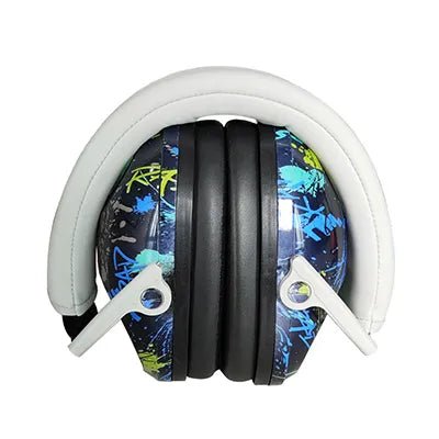 Headphones with a colorful design and white accents.