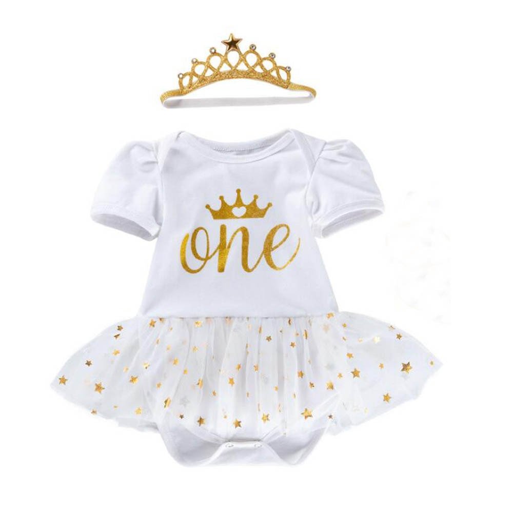White baby romper with gold 'one' and star pattern